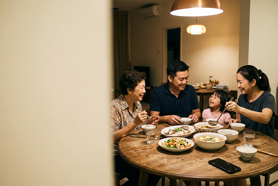 一家人围坐餐桌用餐,手机放在一旁